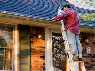 Man on a ladder cleaning leaves and debris from the gutter pf a residential home.